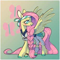 Size: 1200x1200 | Tagged: safe, artist:xenon, character:fluttershy, species:pegasus, species:pony, my little pony: the movie (2017), braid, clothing, colored hooves, cutie mark, cutie mark background, female, gradient background, mare, pirate, pirate fluttershy, solo, unshorn fetlocks