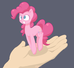 Size: 923x851 | Tagged: safe, artist:puetsua, character:pinkie pie, species:earth pony, species:human, species:pony, female, hand, happy, in goliath's palm, it's dangerous to go alone, mare, simple background, smiling, solo, take this