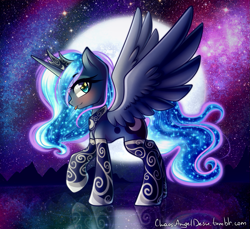 Size: 1309x1200 | Tagged: safe, artist:chaosangeldesu, character:princess luna, species:alicorn, species:pony, blep, blushing, clothing, female, jewelry, looking at you, mare, moon, side view, silly, socks, solo, stars, stockings, thigh highs, tiara, tongue out
