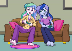 Size: 3507x2481 | Tagged: safe, artist:art-2u, character:princess celestia, character:princess luna, character:principal celestia, character:vice principal luna, my little pony:equestria girls, barefoot, blazer, carpet, commission, controller, duo, feet, female, siblings, sisters, two best sisters play, vice principal luna, video game