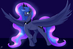 Size: 3700x2503 | Tagged: safe, artist:nexcoyotlgt, character:princess luna, species:alicorn, species:pony, female, mare, perplexed, raised hoof, signature, solo, spread wings, wings