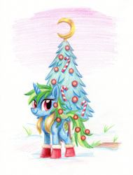 Size: 823x1082 | Tagged: safe, artist:needsmoarg4, character:trixie, species:pony, species:unicorn, g4, boots, christmas, christmas tree, female, mare, redesign, solo, traditional art, tree