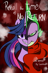 Size: 800x1214 | Tagged: safe, artist:emositecc, character:spike, character:twilight sparkle, character:twilight sparkle (alicorn), species:alicorn, species:dragon, species:pony, comic:recall the time of no return, cover art, evil grin, female, grimdark series, grin, mare, older, older spike, smiling, two sides
