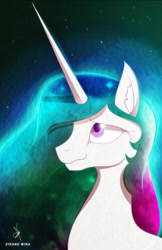 Size: 2032x3134 | Tagged: safe, artist:zidanemina, character:princess celestia, species:alicorn, species:pony, beautiful, best princess, bust, ethereal mane, eyelashes, female, flowing mane, galaxy mane, looking up, mare, multicolored hair, night, portrait, praise the sun, purple eyes, royalty, signature, smiling, solo, stars