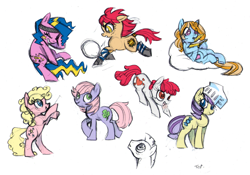 Size: 1280x894 | Tagged: safe, artist:needsmoarg4, character:bon bon (g1), character:bright eyes, character:clover (g1), character:melody, character:patch (g1), character:starlight (g1), character:sweetheart, species:earth pony, species:pony, g1, my little pony tales, female, g1 to g4, generation leap, mare, rearing, simple background, tail wrap, white background