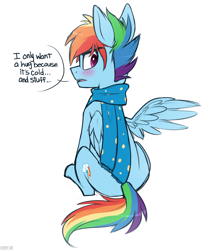 Size: 1096x1350 | Tagged: safe, artist:higgly-chan, character:rainbow dash, species:pegasus, species:pony, blitzabetes, blushing, clothing, cute, dialogue, embarrassed, looking back, male, rainbow blitz, rule 63, rule63betes, scarf, simple background, sitting, solo, stallion, tsunderainbow, tsundere, white background