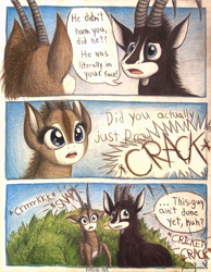 Size: 1068x1376 | Tagged: safe, artist:thefriendlyelephant, oc, oc only, oc:sabe, oc:uganda, comic:sable story, africa, animal in mlp form, antelope, awe, bush, comic, concerned, dialogue, giant sable antelope, horns, scared, speech bubble, traditional art