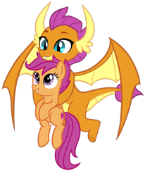 Size: 1008x1224 | Tagged: safe, artist:thecheeseburger, character:scootaloo, character:smolder, species:dragon, species:pegasus, species:pony, episode:school daze, g4, my little pony: friendship is magic, season 8, carrying, cute, cutealoo, dragoness, duo, fangs, female, filly, flying, grin, holding a pony, looking up, similarities, simple background, smiling, smolderbetes, spoiler, spread wings, transparent background, vector, wings