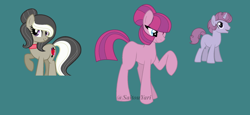 Size: 800x367 | Tagged: safe, artist:t-aroutachiikun, oc, oc only, oc:fiddle, oc:fizzle berry, parent:frederic horseshoepin, parent:octavia melody, parent:pinkie pie, parent:sugar belle, parents:fredtavia, parents:sugarpie, species:earth pony, species:pony, species:unicorn, female, green background, magical lesbian spawn, male, mare, offspring, simple background, stallion