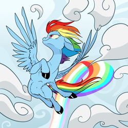 Size: 2000x2000 | Tagged: safe, artist:xenon, character:rainbow dash, species:pegasus, species:pony, alternate design, belly button, cloud, female, flying, mare, rainbow trail, solo, unshorn fetlocks
