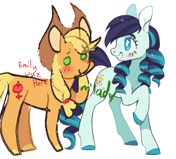 Size: 1200x1083 | Tagged: safe, artist:bebbies, artist:xenon, character:applejack, character:coloratura, species:earth pony, species:pony, ship:rarajack, alternate cutie mark, blushing, collaboration, dialogue, doodle, duo, female, lesbian, looking back, m'lady, mare, raised hoof, shipping, simple background, smiling, stylistic suck, transparent background