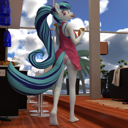 Size: 2000x2000 | Tagged: safe, artist:tahublade7, character:sonata dusk, species:anthro, species:earth pony, species:plantigrade anthro, species:pony, my little pony:equestria girls, 3d, ass, barefoot, bra, bra strap, butt, clothing, cloud, dress, eating, fangs, feet, female, food, heart, heart print underwear, kitchen, living room, looking back, mare, panties, pink underwear, sky, smiling, solo, sonataco, taco, underwear, window