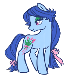 Size: 606x705 | Tagged: safe, artist:needsmoarg4, species:earth pony, species:pony, g1, female, flowerburst, g1 to g4, generation leap, hair bow, lidded eyes, looking back, mare, ribbon, simple background, solo, tail bow, white background