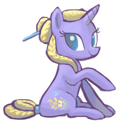 Size: 800x800 | Tagged: safe, artist:needsmoarg4, species:pony, species:unicorn, g4, colored pupils, female, forsythia, mare, raised hoof, sitting, smiling, solo