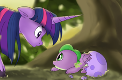 Size: 1214x800 | Tagged: safe, artist:emositecc, character:spike, character:twilight sparkle, species:pony, species:unicorn, alternate universe, baby, baby spike, dragon egg, egg, female, looking at each other, mare, spike's egg, tree