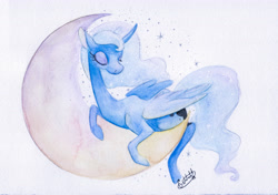 Size: 4989x3511 | Tagged: safe, artist:getchanoodlewet, character:princess luna, species:alicorn, species:pony, eyes closed, female, folded wings, lying down, mare, moon, solo, stars, tangible heavenly object, traditional art
