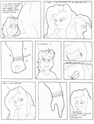 Size: 973x1280 | Tagged: safe, artist:zacharyisaacs, character:fluttershy, oc, species:anthro, species:pegasus, species:pony, species:unicorn, angry, anthro oc, bangles, breasts, busty fluttershy, clenched fist, clothing, crying, dialogue, duo, female, fist, forgiveness, gritted teeth, jewelry, male, mare, monochrome, muscles, muscleshy, simple background, size difference, stallion, story included, tumblr comic, white background