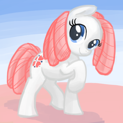 Size: 800x800 | Tagged: safe, artist:needsmoarg4, character:sundance, species:earth pony, species:pony, g1, abstract background, female, g1 to g4, generation leap, mare, raised hoof, smiling, solo
