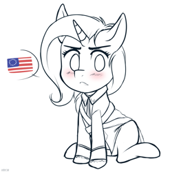 Size: 973x986 | Tagged: safe, artist:higgly-chan, character:trixie, species:pony, species:unicorn, american revolution, angry, blushing, clothing, dialogue, female, flag, history, looking at you, mare, simple background, solo, speech bubble, uniform, white background