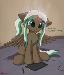 Size: 1638x1911 | Tagged: safe, artist:orang111, oc, oc only, oc:lynn, species:pegasus, species:pony, art block, braid, chest fluff, colored pupils, cute, drawing tablet, ear fluff, error message, female, looking at something, mare, ocbetes, scrunchy face, signature, sitting, smoke, solo, spread wings, stylus, tablet, tablet pen, text, wings