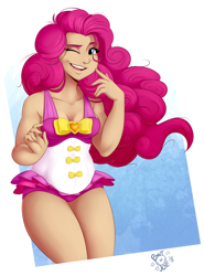 Size: 1850x2500 | Tagged: safe, artist:ponut_joe, character:pinkie pie, species:human, equestria girls:forgotten friendship, g4, my little pony: equestria girls, my little pony:equestria girls, attached skirt, bow swimsuit, breasts, chubby, cleavage, clothing, female, frilled swimsuit, human coloration, humanized, jeweled swimsuit, one eye closed, one-piece swimsuit, open mouth, pink swimsuit, plump, sexy, skirt, smiling, solo, swimsuit, thighs, tricolor swimsuit, wink