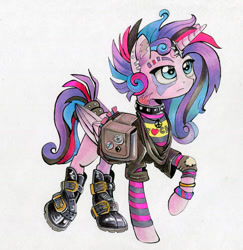 Size: 800x823 | Tagged: safe, artist:maytee, character:princess flurry heart, species:alicorn, species:pony, boots, bracelet, censored vulgarity, choker, clothing, dyed mane, ear piercing, earring, female, horn ring, it's not a phase, jewelry, older, piercing, princess emo heart, saddle bag, shoes, solo, teenager