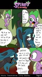 Size: 800x1440 | Tagged: safe, artist:emositecc, character:queen chrysalis, character:spike, species:changeling, species:dragon, comic:spike to the rescue, season 8, comic, dialogue, flying, hand on waist, hands on waist, hundreds of users filter this tag, semi-grimdark series, speech bubble, winged spike, yelling