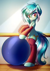 Size: 1061x1500 | Tagged: safe, artist:chaosangeldesu, character:lyra heartstrings, species:pony, species:unicorn, bipedal, female, leg warmers, looking at you, mare, smiling, solo, sweatband, yoga ball