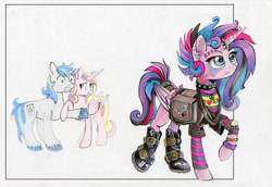 Size: 999x686 | Tagged: safe, alternate version, artist:maytee, character:princess cadance, character:princess flurry heart, character:shining armor, species:alicorn, species:pony, species:unicorn, boots, bracelet, censored vulgarity, choker, clothing, dyed mane, ear piercing, earring, female, horn ring, it's a phase, it's not a phase, jewelry, male, mare, older, piercing, princess emo heart, saddle bag, shoes, stallion, tattoo, teenager