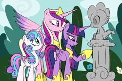 Size: 1214x800 | Tagged: safe, artist:emositecc, character:princess cadance, character:princess flurry heart, character:spike, character:twilight sparkle, character:twilight sparkle (alicorn), species:alicorn, species:pony, crown, feels, female, gravestone, implied death, jewelry, mare, mother and daughter, older, older flurry heart, regalia, rest in peace, sky, smiling, statue