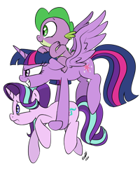 Size: 800x1000 | Tagged: safe, artist:emositecc, character:spike, character:starlight glimmer, character:twilight sparkle, character:twilight sparkle (alicorn), species:alicorn, species:dragon, species:pony, species:unicorn, carrying, dragons riding ponies, female, floppy ears, flying, grin, holding a pony, mare, riding, simple background, smiling, spread wings, transparent background, trio, wings, worried