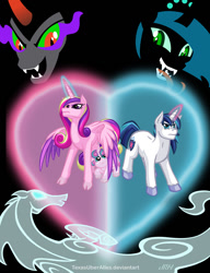 Size: 720x937 | Tagged: safe, artist:texasuberalles, character:king sombra, character:princess cadance, character:princess flurry heart, character:queen chrysalis, character:shining armor, species:alicorn, species:changeling, species:pony, species:umbrum, species:unicorn, black background, changeling queen, cloven hooves, colored hooves, female, filly, glowing eyes, glowing horn, heart, male, mare, simple background, stallion, tongue out, unshorn fetlocks, windigo
