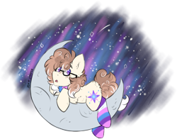 Size: 1795x1407 | Tagged: safe, artist:iroxykun, oc, oc only, oc:cosmic latte, species:earth pony, species:pony, clothing, cutie mark, glasses, male, moon, scarf, simple background, socks, solo, stars, striped socks, tangible heavenly object, transparent background