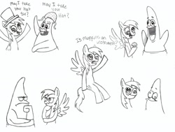 Size: 2203x1664 | Tagged: safe, artist:thecheeseburger, character:derpy hooves, species:pegasus, species:pony, band geeks, crossover, dialogue, female, free form jazz, grandma's kisses, mare, monochrome, patrick star, sketch, spongebob squarepants, squilliam returns, traditional art