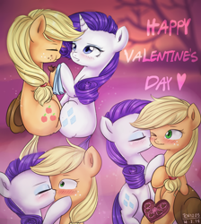 Size: 1700x1900 | Tagged: safe, artist:tcn1205, character:applejack, character:rarity, species:earth pony, species:pony, species:unicorn, ship:rarijack, applejack's hat, blushing, box, box of chocolates, clothing, cowboy hat, cute, female, handkerchief, hat, heart, holiday, horn, kissing, lesbian, mare, shipping, tree, valentine's day