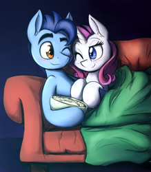 Size: 1427x1628 | Tagged: safe, artist:otakuap, oc, oc:scribbles, oc:white diamonds, species:pony, species:unicorn, blanket, blushing, couch, female, food, looking at each other, male, not rarity, oc x oc, one eye closed, popcorn, shipping, straight, wink