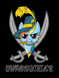 Size: 900x1187 | Tagged: safe, artist:supra80, character:rainbow dash, species:pony, black background, bust, clothing, crossed swords, cutlass, ear piercing, earring, female, hat, jewelry, knife, lightning, mouth hold, necklace, piercing, pirate, pirate dash, pirate hat, pun, simple background, solo, swag, tampa bay buccaneers