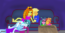 Size: 4032x2083 | Tagged: safe, artist:bigpurplemuppet99, character:adagio dazzle, character:applejack, character:aria blaze, character:sonata dusk, character:sunset shimmer, character:trixie, ship:sunblaze, my little pony:equestria girls, couch, cuddling, dazzlejack, female, lesbian, shipping, sleeping, sleepover, sonxie, sunblaze, the dazzlings