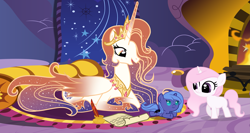 Size: 3793x2013 | Tagged: safe, artist:velveagicsentryyt, character:princess celestia, character:princess luna, oc, oc:elysia, oc:queen galaxia, species:alicorn, species:pony, species:unicorn, alicorn oc, baby, baby pony, blank flank, cewestia, colored wings, ethereal mane, female, filly, galaxy mane, gradient hooves, gradient wings, high res, mare, mother and daughter, pink-mane celestia, previous generation, prone, race swap, unicorn celestia, unicorn luna, woona, younger