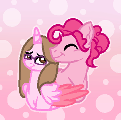 Size: 326x323 | Tagged: safe, artist:cindydreamlight, character:pinkie pie, oc, oc:cindy, species:alicorn, species:pony, bubble berry, canon x oc, female, glasses, male, mare, nuzzling, rule 63, straight