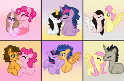 Size: 1010x664 | Tagged: safe, artist:cindydreamlight, character:cheese sandwich, character:discord, character:flash sentry, character:fluttershy, character:pinkie pie, character:twilight sparkle, character:twilight sparkle (alicorn), oc, oc:cindy, oc:dusk shine, species:alicorn, species:pony, ship:cheesepie, ship:discoshy, ship:flashlight, bubble berry, butterscotch, canon x oc, female, glasses, kissing, male, mare, nuzzling, pony discord, rule 63, shipping, straight