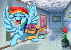 Size: 1600x1131 | Tagged: safe, artist:cafecomponeis, character:rainbow dash, character:scootaloo, species:pegasus, species:pony, commission, flying, frog (hoof), glomp, implied scootadoption, laughing, prank, scootalove, sisterly love, tickling, tummy buzz, underhoof, water balloon, wet