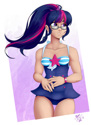 Size: 1900x2600 | Tagged: safe, artist:ponut_joe, character:twilight sparkle, character:twilight sparkle (scitwi), species:eqg human, equestria girls:forgotten friendship, g4, my little pony: equestria girls, my little pony:equestria girls, adorasexy, attached skirt, blue swimsuit, bow swimsuit, clothing, cute, cutie mark swimsuit, female, frilled swimsuit, glasses, human coloration, one-piece swimsuit, ponytail, sexy, skirt, solo, swimsuit, thigh gap, tricolor swimsuit, twiabetes, watch, wristwatch