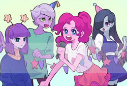 Size: 1819x1228 | Tagged: safe, artist:dusty-munji, character:limestone pie, character:marble pie, character:maud pie, character:pinkie pie, my little pony:equestria girls, clothing, cute, dress, equestria girls-ified, female, hair over one eye, hat, microphone, moe, party hat, pie sisters, shirt, siblings, singing, sisters, skirt, sweater