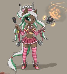 Size: 1320x1464 | Tagged: safe, artist:orang111, oc, oc:lynn, species:anthro, belly button, clothing, cute, engine, female, magic, magical girl, midriff, miniskirt, one eye closed, pigtails, pleated skirt, runes, scepter, sexy, shoes, simple background, skirt, socks, solo, stockings, striped socks, thigh highs, thighs, winged shoes, zettai ryouiki
