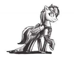 Size: 1280x989 | Tagged: safe, artist:warskunk, oc, oc:cold front, species:pegasus, species:pony, bodice, bow, buckle, clothing, crossdressing, dress, eyelashes, flower, flower in hair, latex, monochrome, smiling, solo