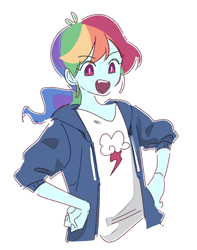 Size: 654x831 | Tagged: safe, artist:dusty-munji, character:rainbow dash, my little pony:equestria girls, clothing, female, hand on hip, hoodie, ponytail, shirt, solo