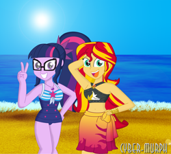 Size: 2872x2576 | Tagged: safe, artist:cyber-murph, character:sunset shimmer, character:twilight sparkle, character:twilight sparkle (scitwi), species:eqg human, equestria girls:forgotten friendship, g4, my little pony: equestria girls, my little pony:equestria girls, arm behind head, beach, belly, belly button, bikini, clothing, cute, geode of empathy, geode of telekinesis, glasses, magical geodes, midriff, ocean, one-piece swimsuit, peace sign, sarong, shimmerbetes, swimsuit, twiabetes