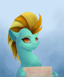Size: 2500x3000 | Tagged: safe, artist:skitsroom, character:lightning dust, species:pony, female, mare, sign, smiling, solo