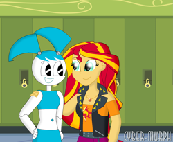 Size: 2479x2032 | Tagged: safe, artist:cyber-murph, character:sunset shimmer, my little pony:equestria girls, bare shoulders, canterlot high, clothing, crossover, geode of empathy, hallway, hand on shoulder, hands on hip, jenny wakeman, lockers, midriff, my life as a teenage robot, robot, signature